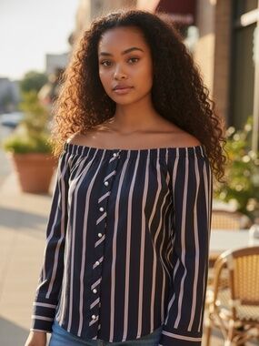 Zara Navy Blue Striped Off-Shoulder Blouse